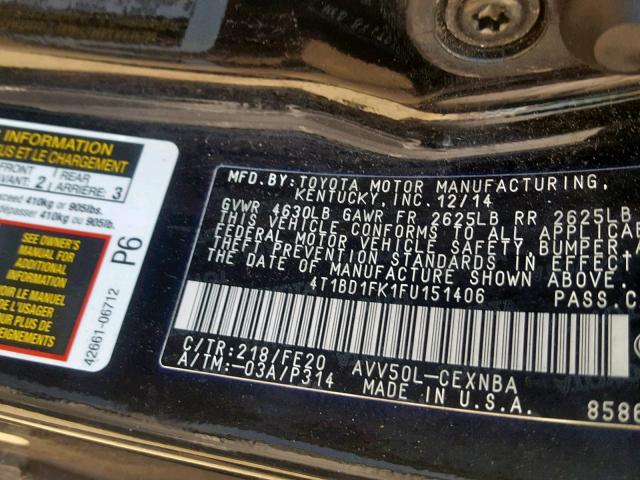 4T1BD1FK1FU151406 - 2015 TOYOTA CAMRY HYBR BLACK photo 10