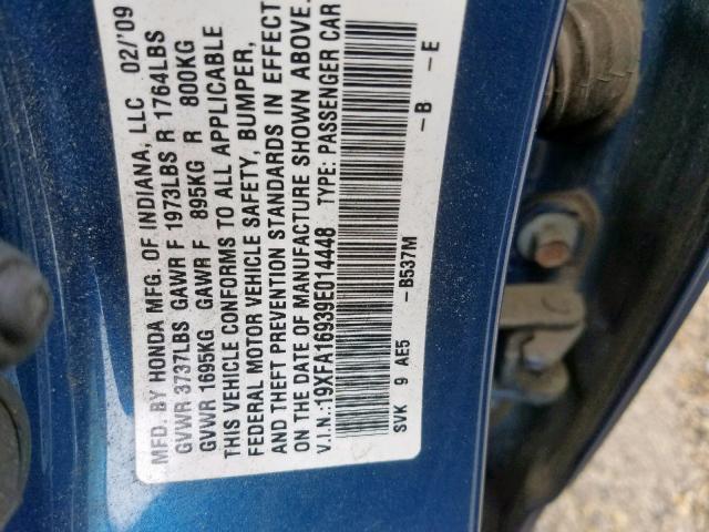 19XFA16939E014448 - 2009 HONDA CIVIC EXL 蓝色 照片 10