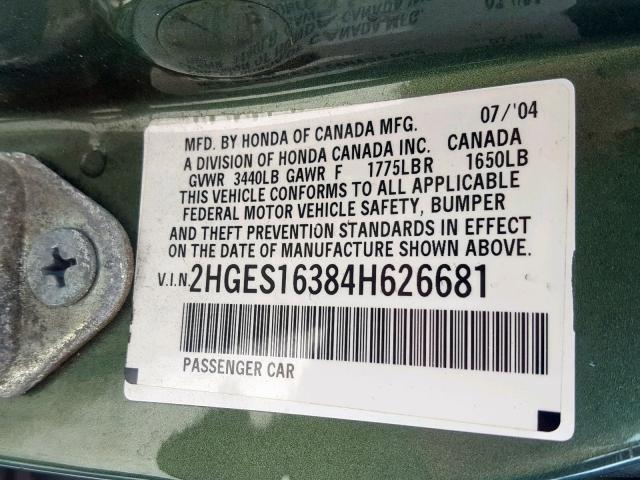 2HGES16384H626681 - 2004 HONDA CIVIC DX V GREEN photo 10