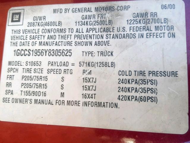 1GCCS1956Y8305625 - 2000 CHEVROLET S TRUCK S1 RED photo 10