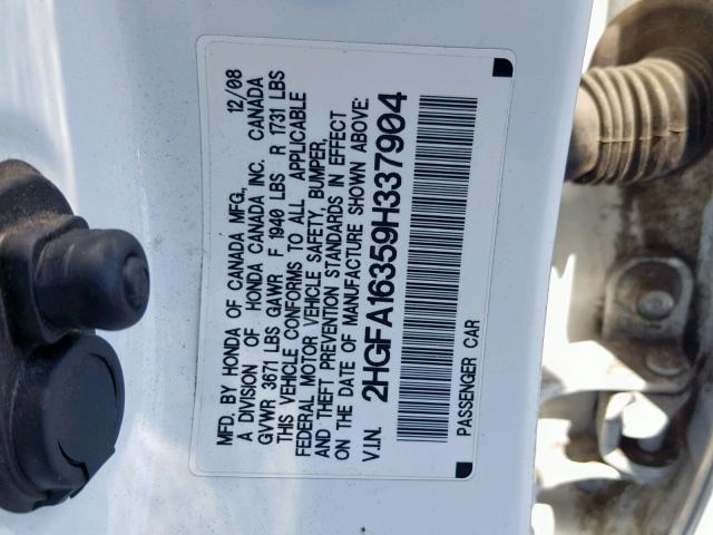 2HGFA16359H337904 - 2009 HONDA CIVIC VP WHITE photo 10