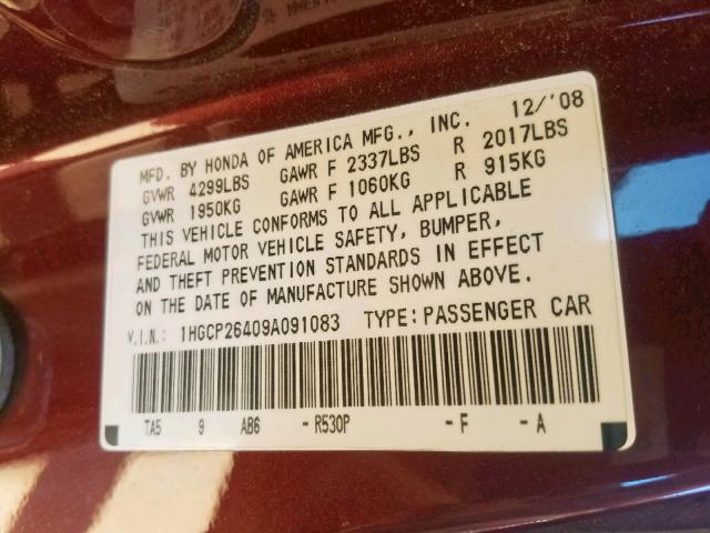 1HGCP26409A091083 - 2009 HONDA ACCORD LXP MAROON photo 10