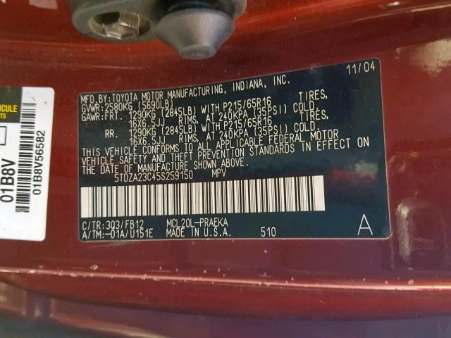 5TDZA23C45S259150 - 2005 TOYOTA SIENNA CE RED photo 10