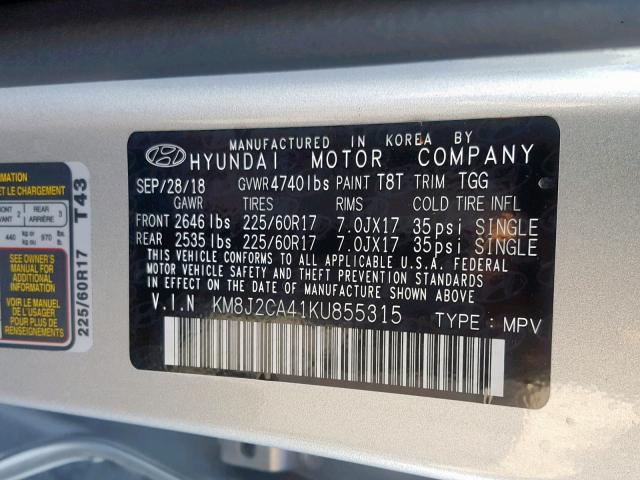 KM8J2CA41KU855315 - 2019 HYUNDAI TUCSON SE SILVER photo 10