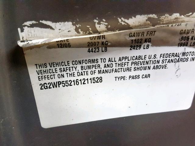 2G2WP552161211528 - 2006 PONTIAC GRAND PRIX Թուխ լուսանկար 10