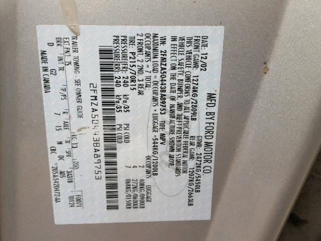 2FMZA50443BA89753 - 2003 FORD WINDSTAR W SILVER photo 10