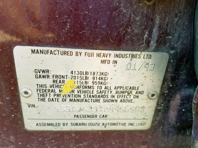 4S3BJ633XP9956588 - 1993 SUBARU LEGACY L MAROON photo 10