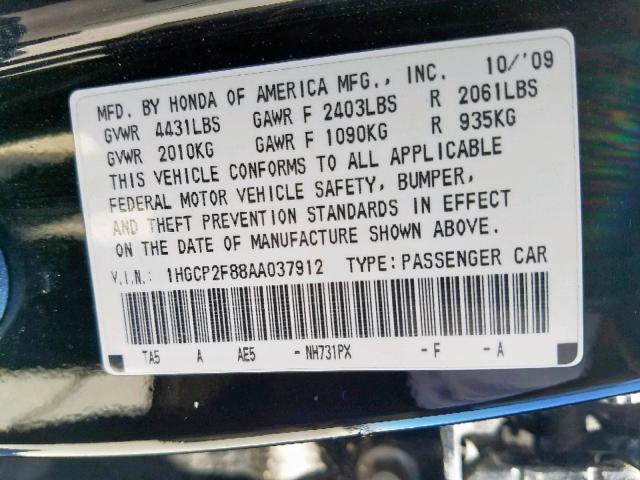 1HGCP2F88AA037912 - 2010 HONDA ACCORD EXL BLACK photo 10