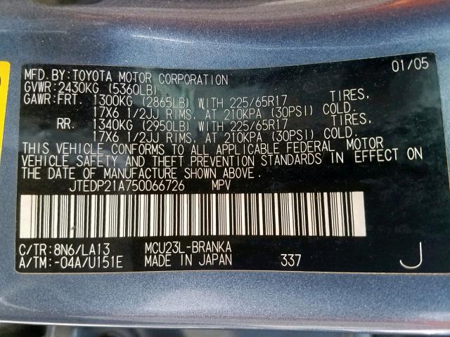 JTEDP21A750066726 - 2005 TOYOTA HIGHLANDER BLUE photo 10