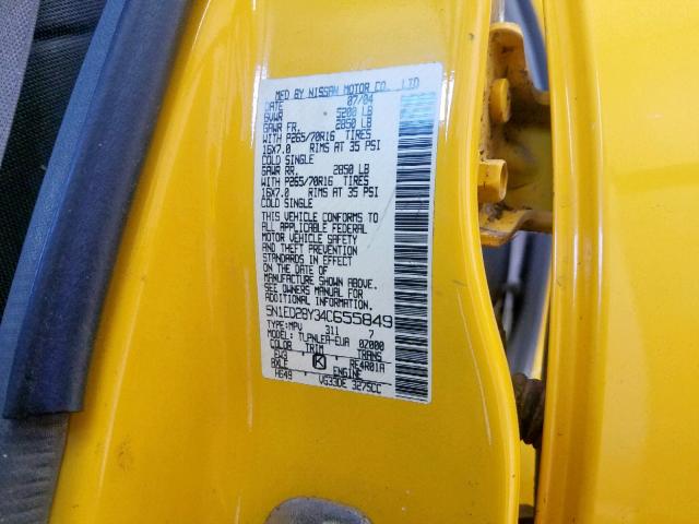 5N1ED28Y34C655849 - 2004 NISSAN XTERRA XE YELLOW photo 10