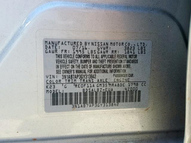 3N1AB7AP3GY313842 - 2016 NISSAN SENTRA S SILVER photo 10