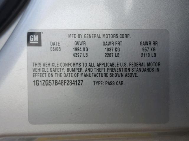 1G1ZG57B48F284127 - 2008 CHEVROLET MALIBU LS ვერცხლისფერი ფოტო 10