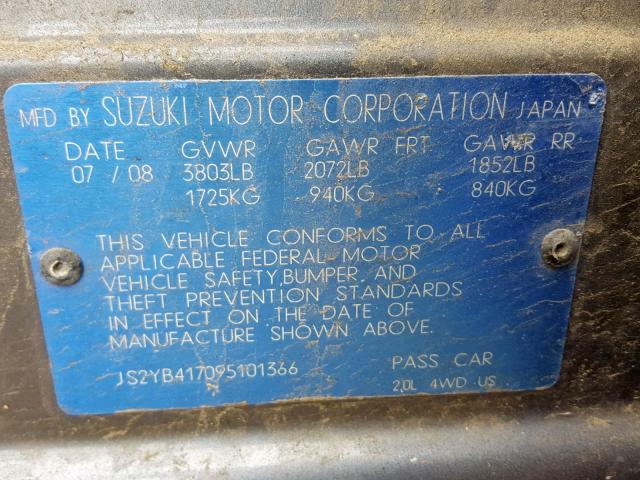 JS2YB417095101366 - 2009 SUZUKI SX4 TOURIN GRAY photo 10