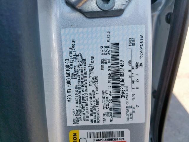 3FA6P0LU6HR381469 - 2017 FORD FUSION SE SILVER photo 10