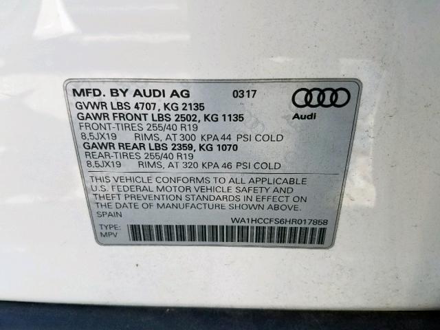 WA1HCCFS6HR017858 - 2017 AUDI Q3 PREMIUM WHITE photo 10