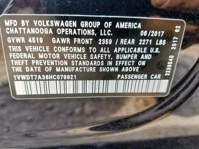 1VWDT7A36HC079921 - 2017 VOLKSWAGEN PASSAT R-L BLACK photo 10