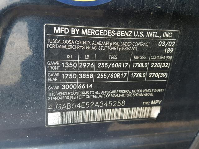 4JGAB54E52A345258 - 2002 MERCEDES-BENZ ML 320 CHARCOAL photo 10