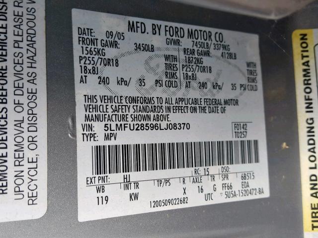 5LMFU28596LJ08370 - 2006 LINCOLN NAVIGATOR Srebrny zdjęcie 10