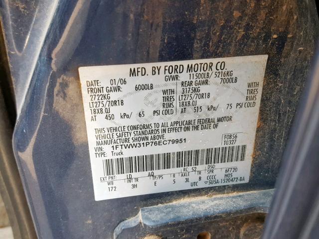 1FTWW31P76EC79951 - 2006 FORD F350 SRW S BLUE photo 10