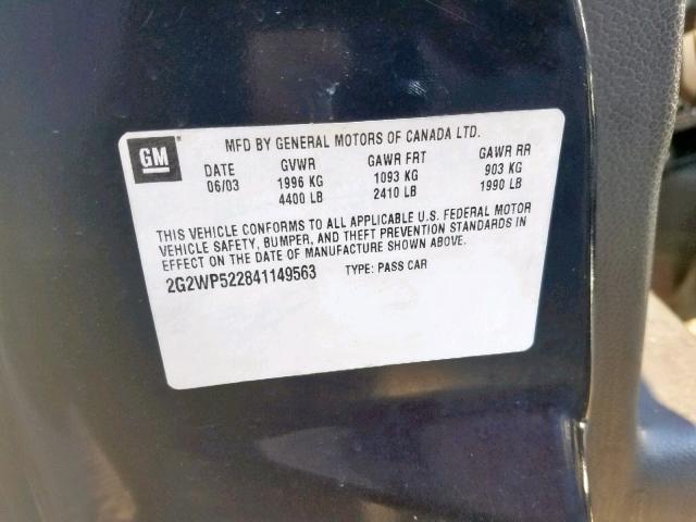 2G2WP522841149563 - 2004 PONTIAC GRAND PRIX BLACK photo 10