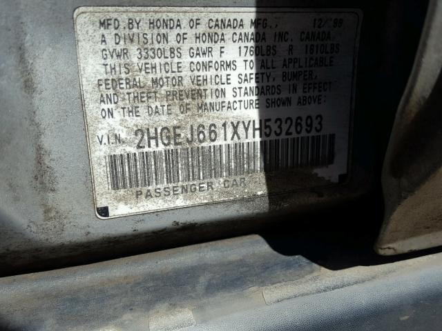 2HGEJ661XYH532693 - 2000 HONDA CIVIC BASE SILVER photo 10