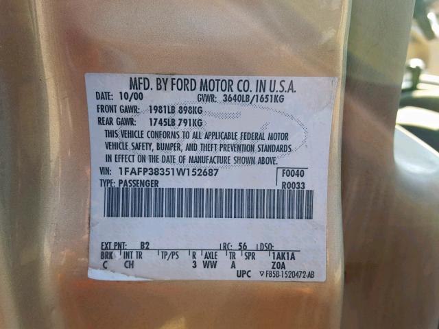 1FAFP38351W152687 - 2001 FORD FOCUS ZTS GOLD photo 10