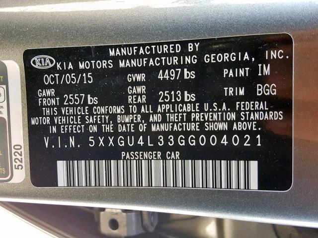 5XXGU4L33GG004021 - 2016 KIA OPTIMA EX GRAY photo 10