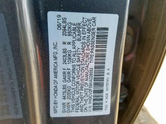 1HGCV2F59KA028553 - 2019 HONDA ACCORD EXL GRAY photo 10