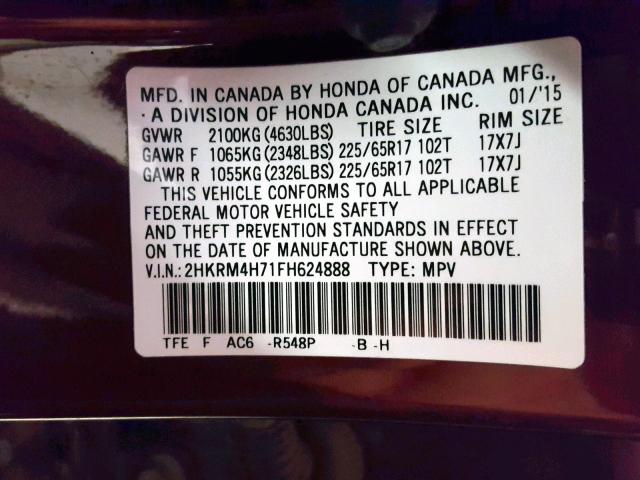 2HKRM4H71FH624888 - 2015 HONDA CR-V EXL MAROON photo 10