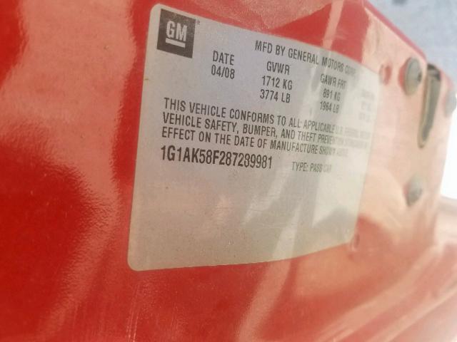 1G1AK58F287289981 - 2008 CHEVROLET COBALT RED photo 10