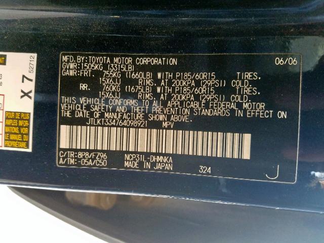 JTLKT334764098921 - 2006 TOYOTA SCION XB BLACK photo 10