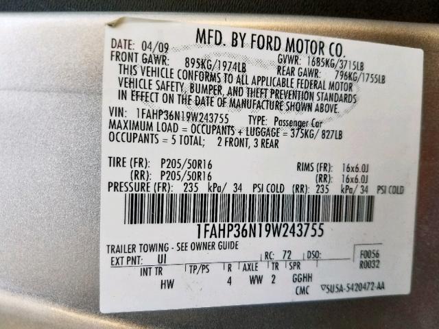 1FAHP36N19W243755 - 2009 FORD FOCUS SES SILVER photo 10