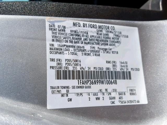 1FAHP36N99W100648 - 2009 FORD FOCUS GRAY photo 10