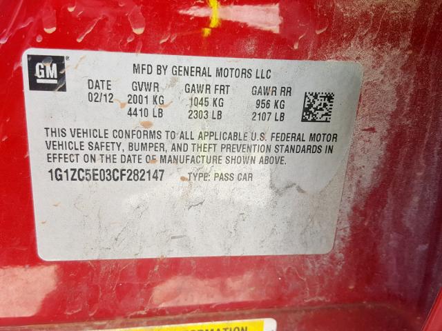 1G1ZC5E03CF282147 - 2012 CHEVROLET MALIBU 1LT RED photo 10