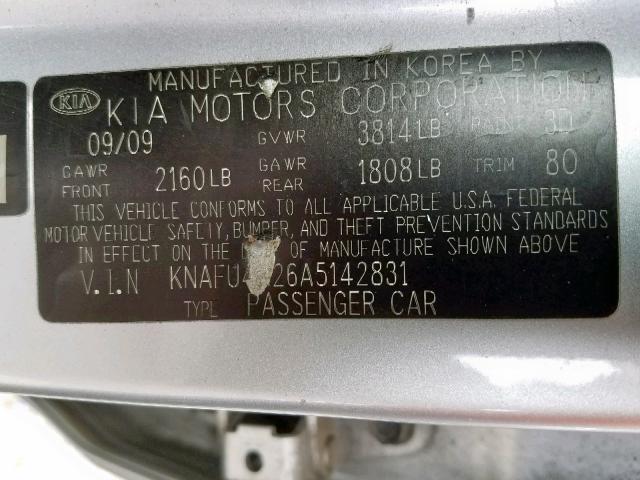 KNAFU4A26A5142831 - 2010 KIA FORTE EX SILVER photo 10