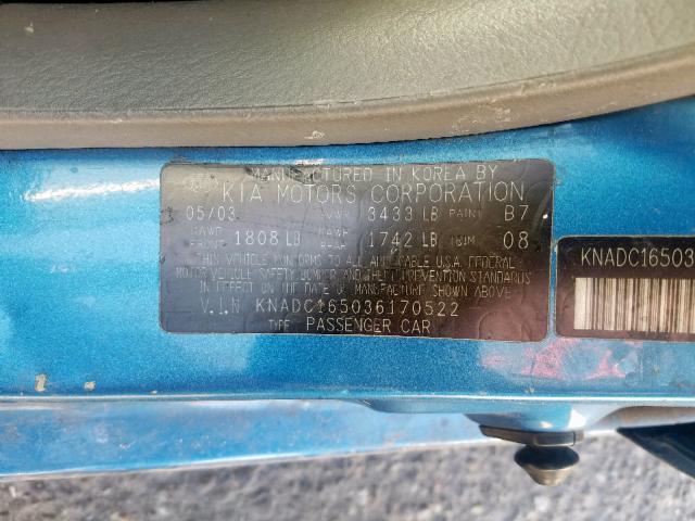 KNADC165036170522 - 2003 KIA RIO CINCO BLUE photo 10