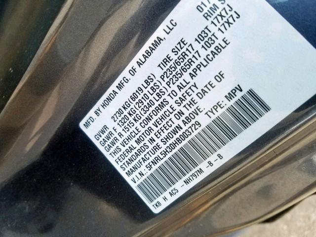 5FNRL5H30HB003729 - 2017 HONDA ODYSSEY SE GRAY photo 10