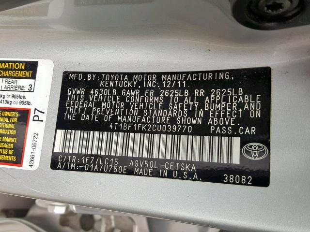 4T1BF1FK2CU039770 - 2012 TOYOTA CAMRY BASE SILVER photo 10