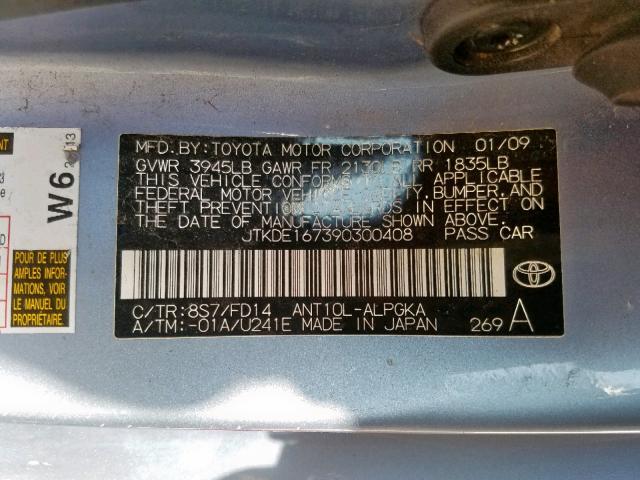 JTKDE167390300408 - 2009 TOYOTA SCION TC ლურჯი ფოტო 10