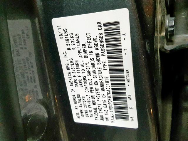 1HGCP3F87CA001816 - 2012 HONDA ACCORD EXL CHARCOAL photo 10