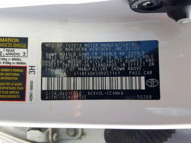 4T4BE46K59R051141 - 2009 TOYOTA CAMRY BASE WHITE photo 10