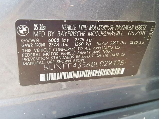 5UXFE43568L029425 - 2008 BMW X5 3.0I GRAY photo 10