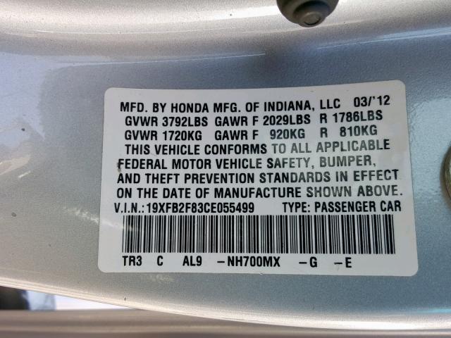 19XFB2F83CE055499 - 2012 HONDA CIVIC EX SILVER photo 10