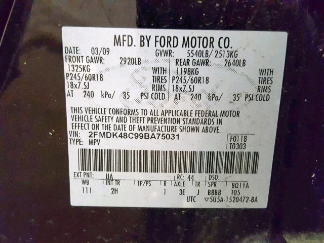 2FMDK48C99BA75031 - 2009 FORD EDGE SEL BLACK photo 10