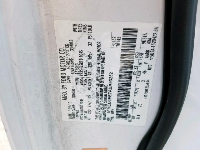 1FMEU6EE7AUA93252 - 2010 FORD EXPLORER E WHITE photo 10