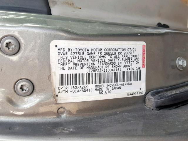 JT2BF22K110341161 - 2001 TOYOTA CAMRY CE GRAY photo 10