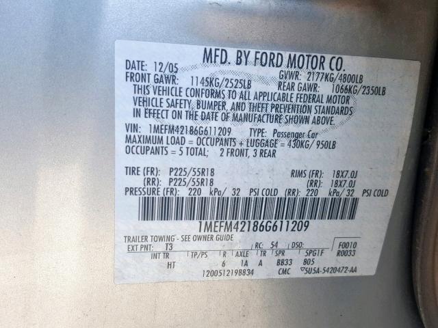 1MEFM42186G611209 - 2006 MERCURY MONTEGO PR 银色 照片 10