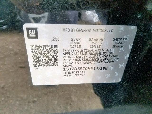 1G1ZD5ST0KF147198 - 2019 CHEVROLET MALIBU LT BLACK photo 10