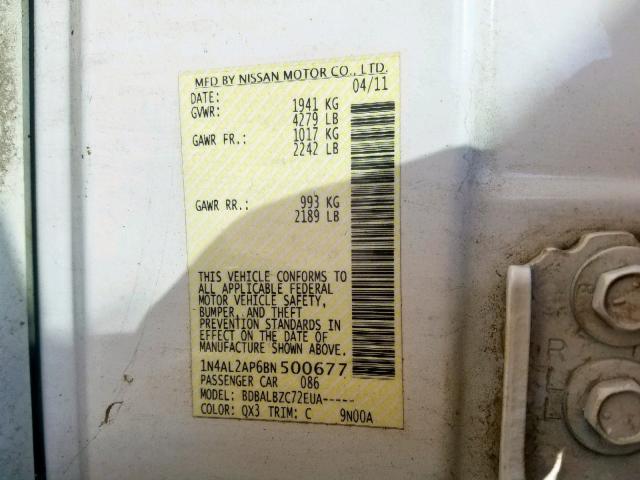 1N4AL2AP6BN500677 - 2011 NISSAN ALTIMA BAS WHITE photo 10