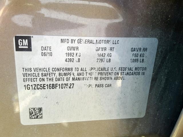 1G1ZC5E16BF107527 - 2011 CHEVROLET MALIBU 1LT 灰色 照片 10